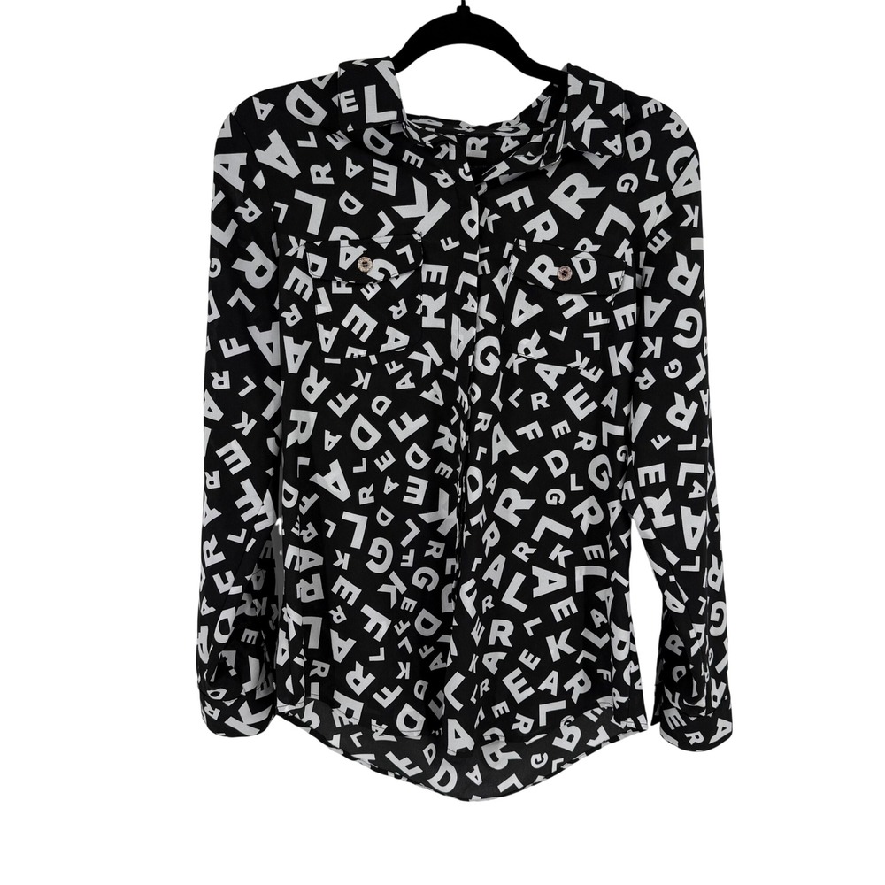 Karl Lagerfeld Paris Alphabet Print Blouse Womens M Black White LORA6577